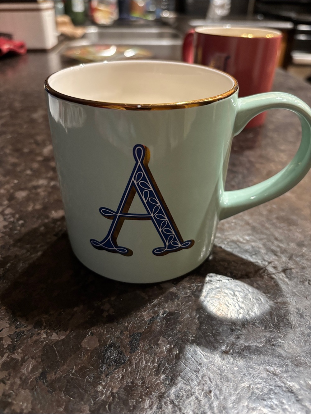 Monogram 'A' Ceramic Mint Green Mug with Gold Rim